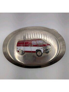 Vintage 1970s/80s GMC Van Belt Buckle Red White Chevy Enamel Oval Trucker Retro